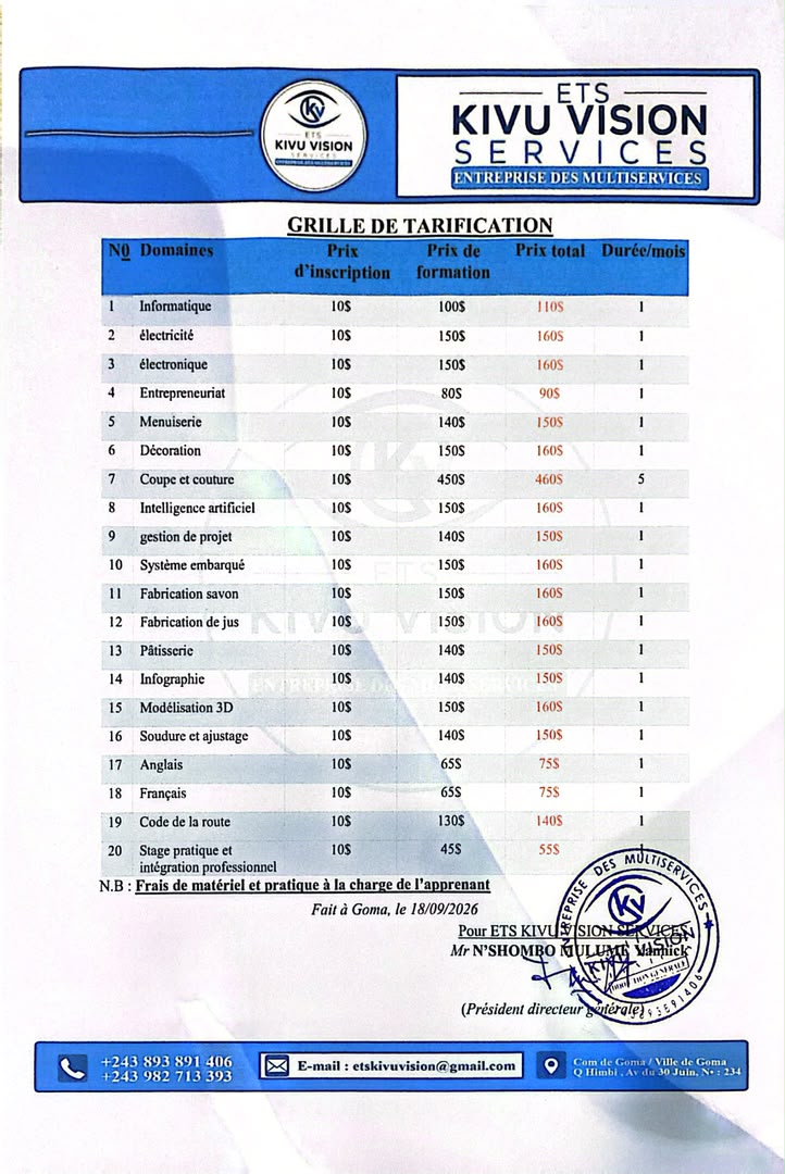 Liste des formations et leurs prix